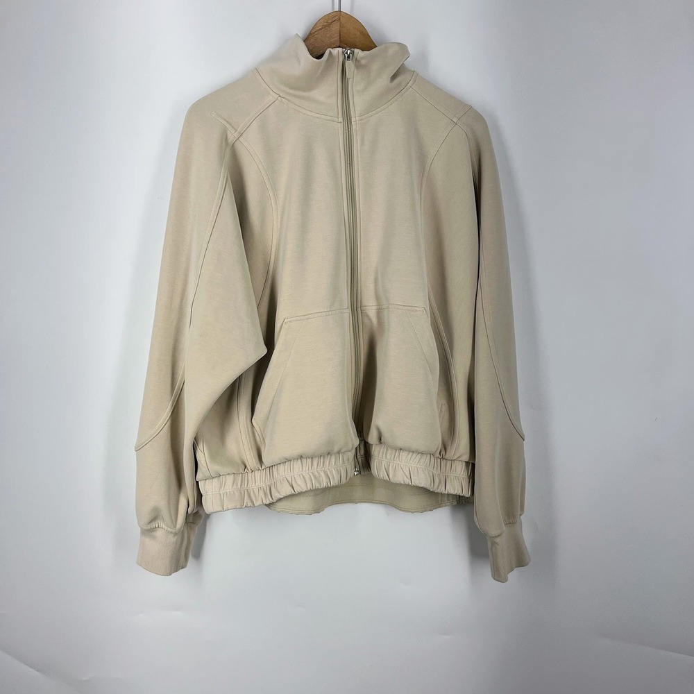 Lululemon Softstreme Full Zip Jacket Tan Beige Funnel Neck Relaxed Fit Womens 12